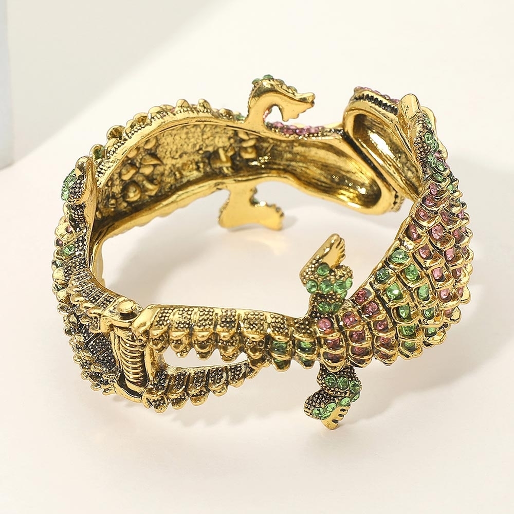 Pink & Green Rhinestone Alligator Crocodile Double Head Cuff Bracelet Statement - Picture 2 of 4